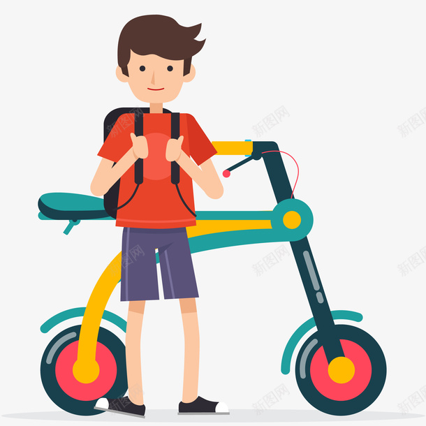 卡通手绘外出踏青男孩插画png免抠素材_新图网 https://ixintu.com 人物插画 卡通手绘 摩托车 春天 踏青 骑行