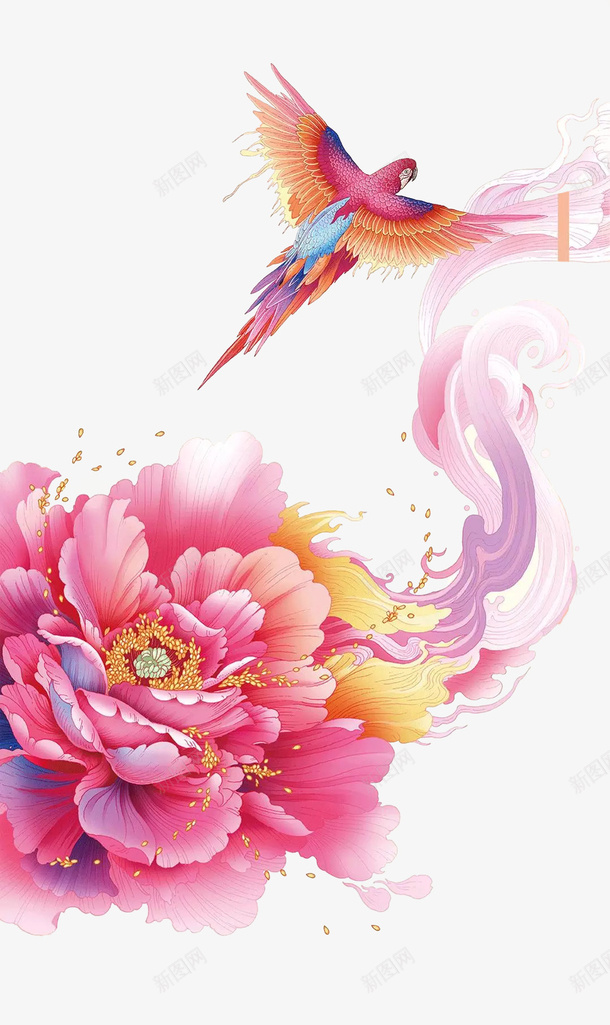 手绘鹦鹉png免抠素材_新图网 https://ixintu.com 卡通 手绘 牡丹花 鹦鹉