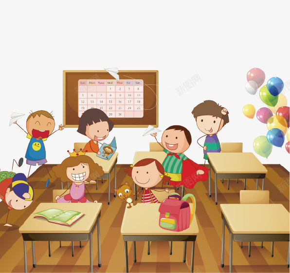 卡通课堂插画png免抠素材_新图网 https://ixintu.com 书本 可爱 学生 开学季 插画 气球 课堂 课桌