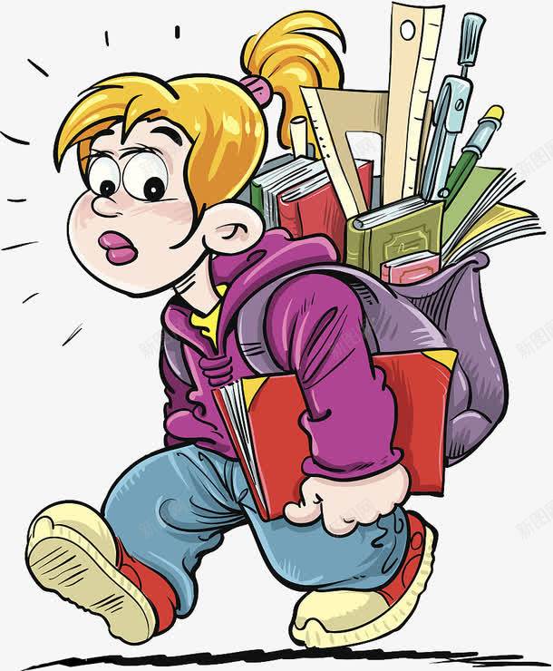 背书包负重跑的小女孩png免抠素材_新图网 https://ixintu.com 书本 减负 女孩 学生压力 小孩背书包 拿书动作 文具 背书包 负重 跑步