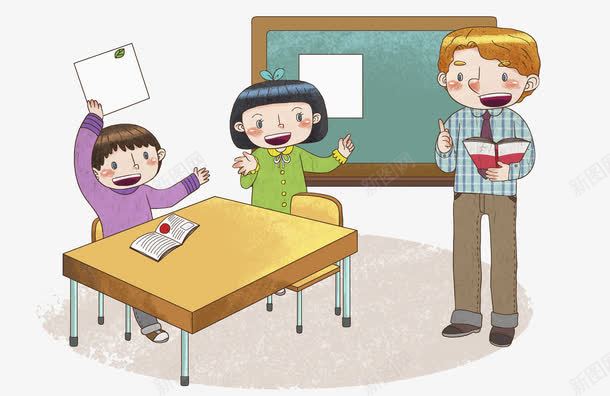 活泼的课堂png免抠素材_新图网 https://ixintu.com 举手 举手答题 回答问题 学校 学生 手绘卡通人物 教室 模板 老师 课堂