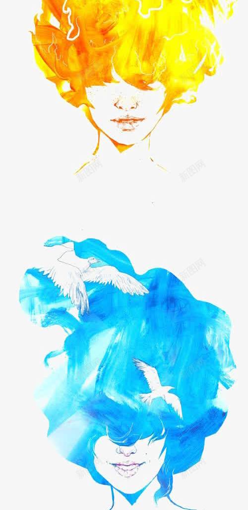女生头像png免抠素材_新图网 https://ixintu.com 创意 手绘 水彩 火焰头发女生 红发女生 蓝色海洋头发女生