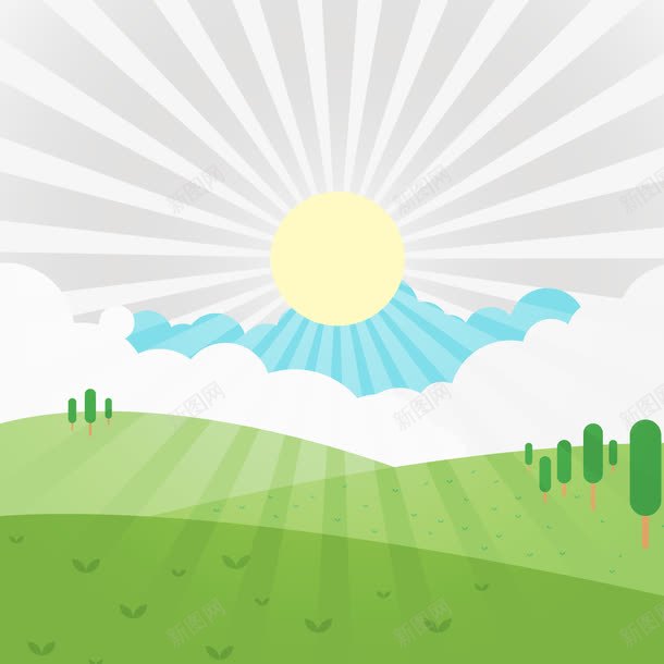 晴朗的天气景观png免抠素材_新图网 https://ixintu.com 云朵 天气景观 太阳 放射线 晴朗 树木 草地 风雨气温图
