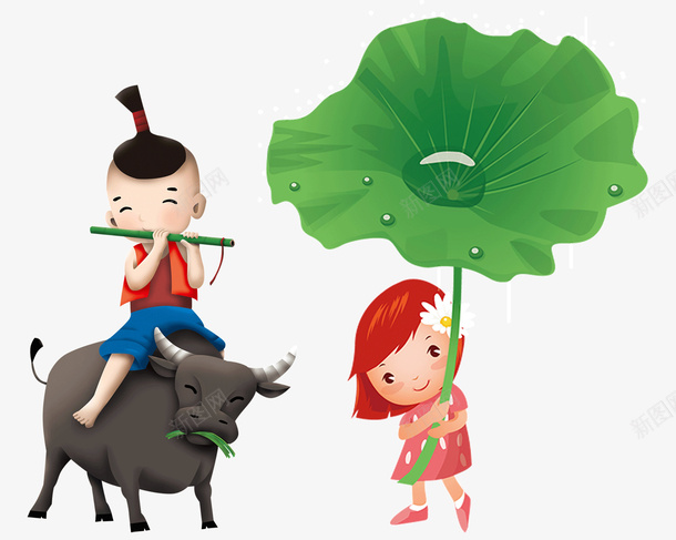 卡通手绘牧童骑牛童趣清明节png免抠素材_新图网 https://ixintu.com 卡通 卡通骑牛人物 吹笛子的牧童 手绘 拿着荷叶的小女孩 清明节 牧童 童趣 骑牛