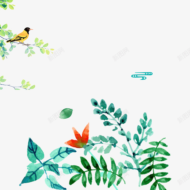 水彩叶子小鸟边框图形psd免抠素材_新图网 https://ixintu.com 手绘植物 树枝png 水彩枝叶 水彩树叶 水彩植物 羽毛状枝条 蓝色叶子
