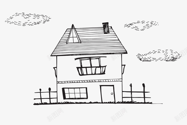 手绘黑色线条茅草屋png免抠素材_新图网 https://ixintu.com 云 建筑 房子 手绘线条 篱笆 老旧房子 茅草屋 茅草屋顶 黑色
