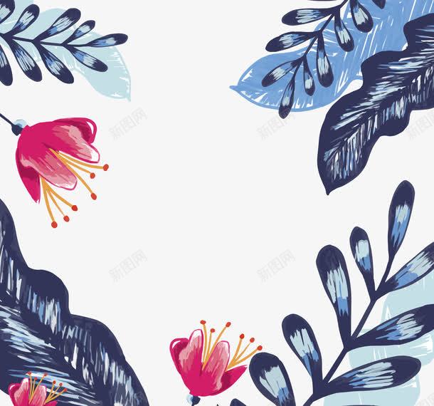 手绘花朵叶子个性背景png免抠素材_新图网 https://ixintu.com 不规则 个性 叶子 手绘 水彩 背景 花朵 蓝色 边框