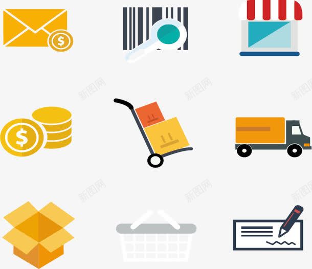货运物流图标矢量图ai_新图网 https://ixintu.com 信封 免扣png素材 免费png素材 拖车 条形码 纸箱 货车 购物篮 金币 矢量图