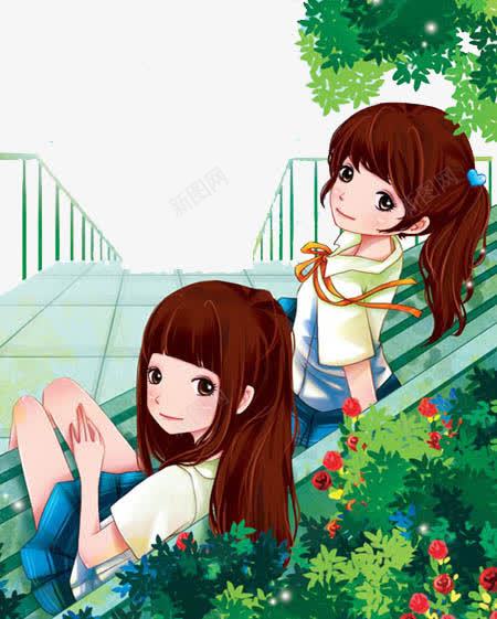 卡通小女孩png免抠素材_新图网 https://ixintu.com 公园 卡通 可爱女孩 女孩 好朋友 学生 小女孩 手绘 日本风 日系 日风 漫画 漫画女孩 绿色 野花