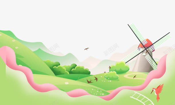 春天绿色小清新底部背景图png免抠素材_新图网 https://ixintu.com 小清新 底部背景图 春天 春天绿色小清新底部背景图 绿色 风车