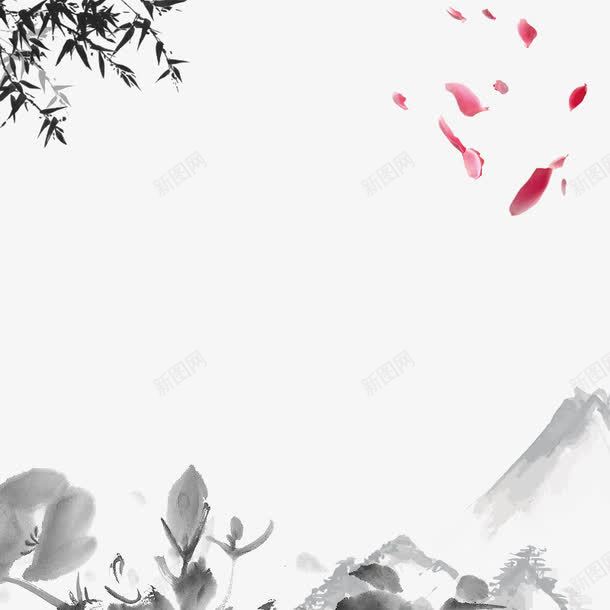 水墨翠竹青山墨荷png免抠素材_新图网 https://ixintu.com 中国风 古画山水 墨荷 山水画 水墨画 水墨竹叶 飘扬的花瓣