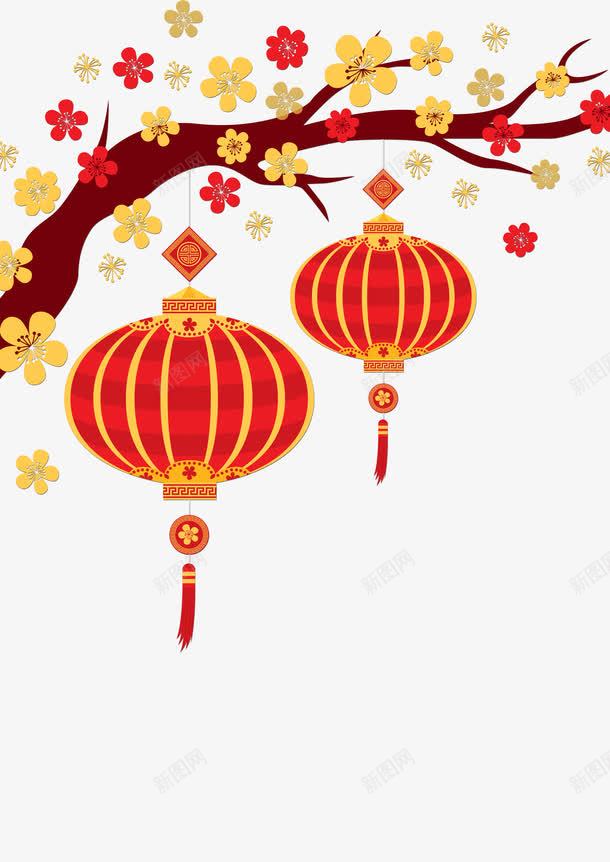 梅花枝头灯笼png免抠素材_新图网 https://ixintu.com psd 一串灯笼 喜庆 梅花 灯笼