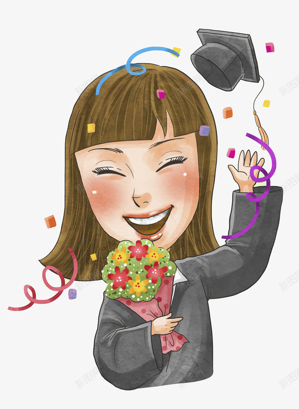 女生扔学士帽插画png免抠素材_新图网 https://ixintu.com 女人 女生扔学士帽插画 学士帽 学生 愉悦 扔博士帽 毕业季 花束
