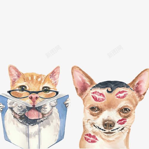 猫狗趣味动态图psd免抠素材_新图网 https://ixintu.com 小猫看书 水彩动物 红唇小狗 趣味小动物