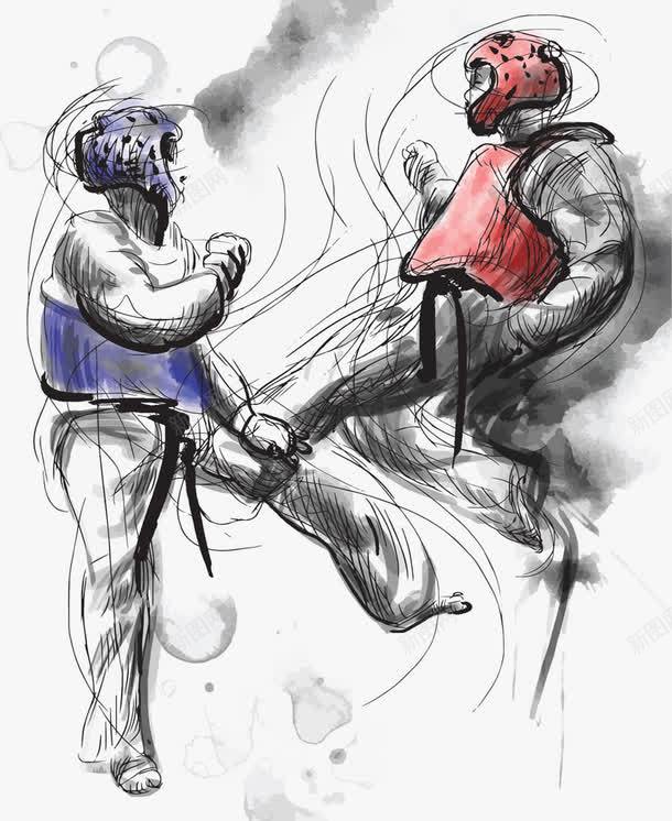 手绘格斗png免抠素材_新图网 https://ixintu.com 女人 手绘 打拳 打架 拳击 拳击对手素材 搏击 搏斗 武功切磋 水墨画 水彩画 男人 线条 跆拳道