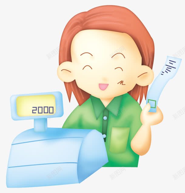 收银员简图png免抠素材_新图网 https://ixintu.com 卡通 店员卡通 微笑 手绘 收款机 收银员 数字 柜台收银员 绿色 金钱