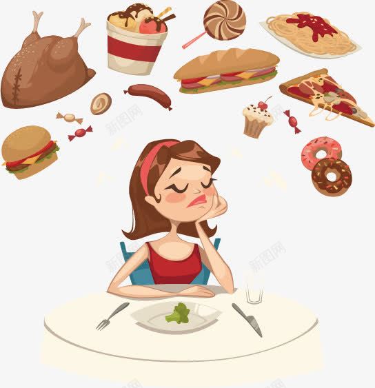 节食的女孩矢量图ai免抠素材_新图网 https://ixintu.com 减肥 卡通 女孩 巧克力女孩 控制饮食 汉堡 火鸡 甜品 矢量图 糖果 节食 蛋糕 青菜