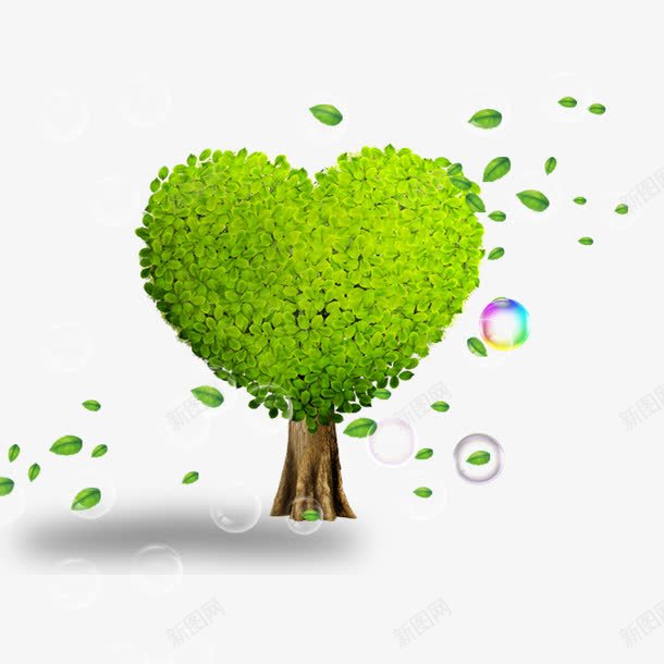 创意爱心绿树png免抠素材_新图网 https://ixintu.com 312植树节 公益活动 大自然 气泡 爱心树木 环保 落叶
