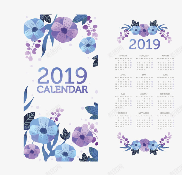 蓝色卡通花朵日历矢量图ai免抠素材_新图网 https://ixintu.com 2019日历 日历 水彩花朵 矢量png 蓝紫色 矢量图