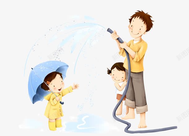 父亲节童话一家三口洒水png免抠素材_新图网 https://ixintu.com 小女孩 手绘图案 童话 花园娱乐 雨伞