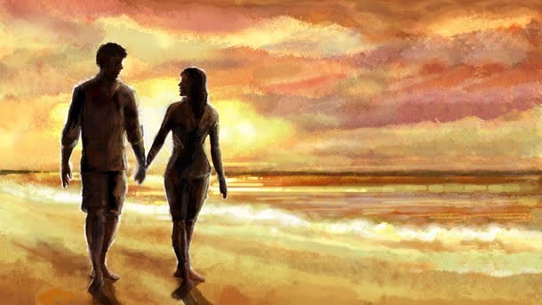 海边手牵手的情侣油画背景