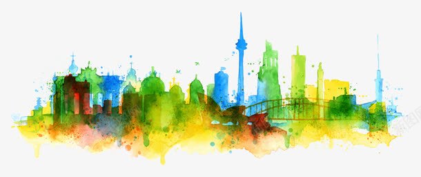 水彩水墨城市剪影png免抠素材_新图网 https://ixintu.com 城市剪影 城市天际线 城市插画 城市风光 建筑剪影 标志性建筑 水彩喷溅 水彩城市 水彩墨迹 水彩插画