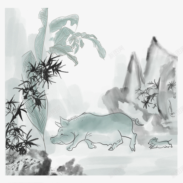 水墨山小猪png免抠素材_新图网 https://ixintu.com 彩色 手绘 水墨 画山水