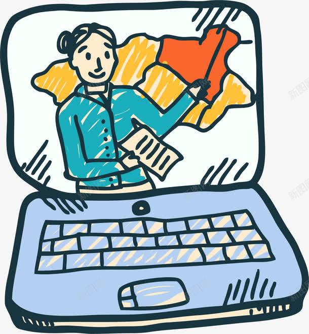 用电脑观看网络在线课程png免抠素材_新图网 https://ixintu.com PC 在线学习 手绘涂鸦 电脑学习 线上学习 网络学习 网络学校 网络课程 获得知识 视频教学