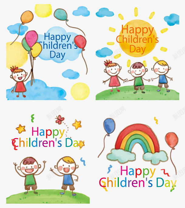 4款彩绘儿童节卡片矢量图ai免抠素材_新图网 https://ixintu.com 云朵 儿童节 卡片 太阳 女孩 彩绘 彩虹 气球 男孩 花朵 蝴蝶 矢量图
