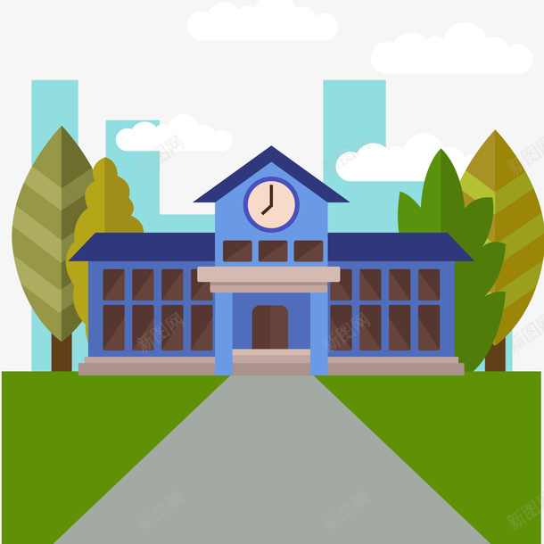 创意学校门口风景矢量图ai免抠素材_新图网 https://ixintu.com 卡通 学校 树木 校园 校园风景 绿色草地 背景装饰 矢量图