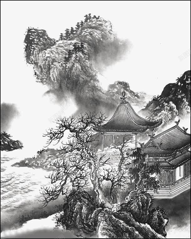 水墨山水画亭台楼阁山峦png免抠素材_新图网 https://ixintu.com 亭台楼阁 传统风景画 山峦 山水画 水墨