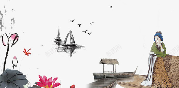 中国风水墨山水插画psd免抠素材_新图网 https://ixintu.com 中国风 中国风山水 山水 手绘插画 水墨 清明节 渔船