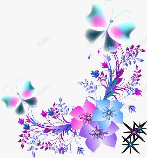 梦幻多彩花朵矢量图ai免抠素材_新图网 https://ixintu.com 唯美蝴蝶 多彩花朵 多彩藤蔓 梦幻花朵 渐变 黑色星星 矢量图