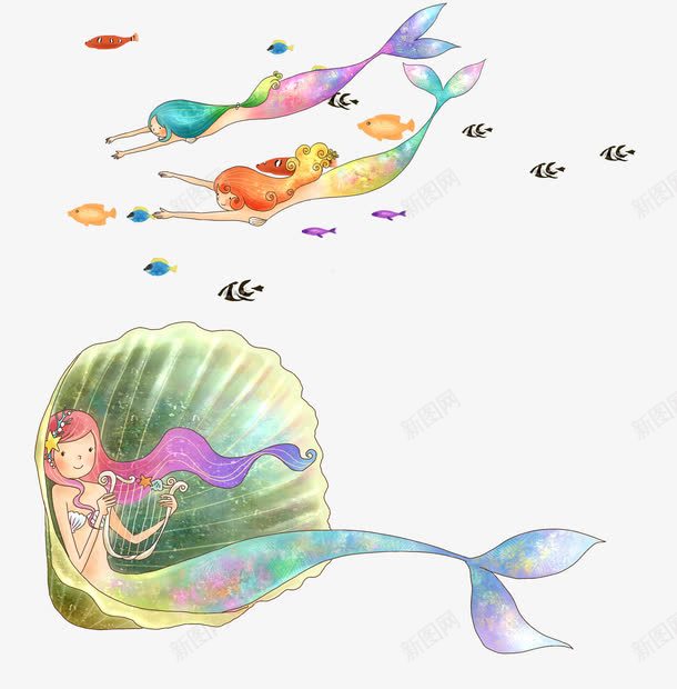深海美人鱼png免抠素材_新图网 https://ixintu.com 卡通 手绘 水彩 美人鱼 贝壳