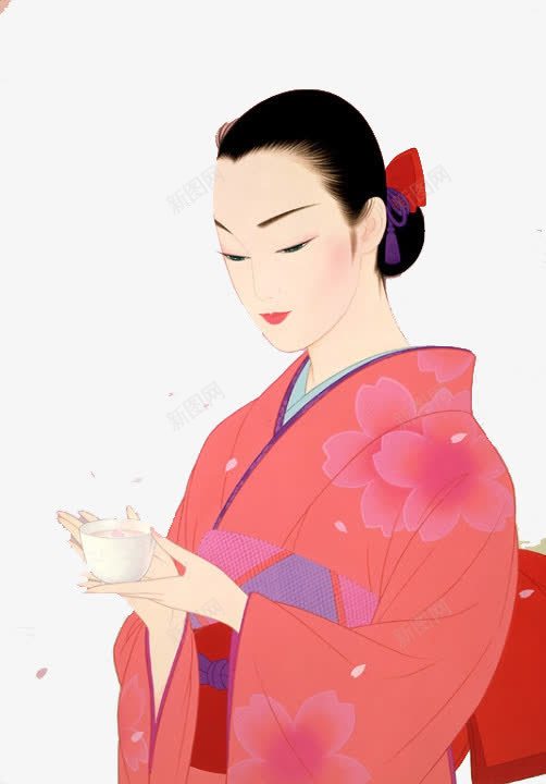 捧茶女人png免抠素材_新图网 https://ixintu.com 和服 手绘女人 日本 红衣 茶水
