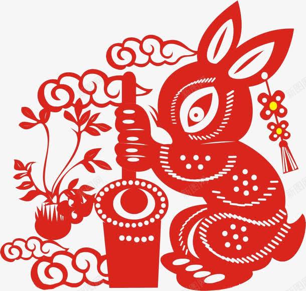 玉兔剪纸png免抠素材_新图网 https://ixintu.com 中秋 云朵 剪纸 玉兔 玉兔捣药 红色 花纹