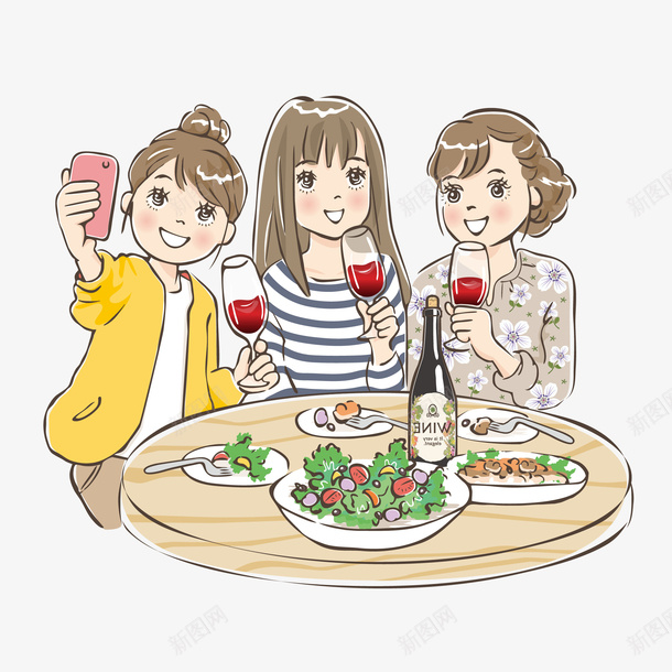 外出聚餐闺蜜手绘png免抠素材_新图网 https://ixintu.com 免扣PNG 创意 女生 庆功宴 庆功宴海报 庆祝 开心 手绘 时尚 红球 闺蜜 闺蜜约会 食物