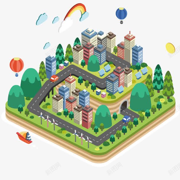 立体化城市矢量图ai免抠素材_新图网 https://ixintu.com 城市 建筑 彩虹 植物 热气球 立体 矢量图