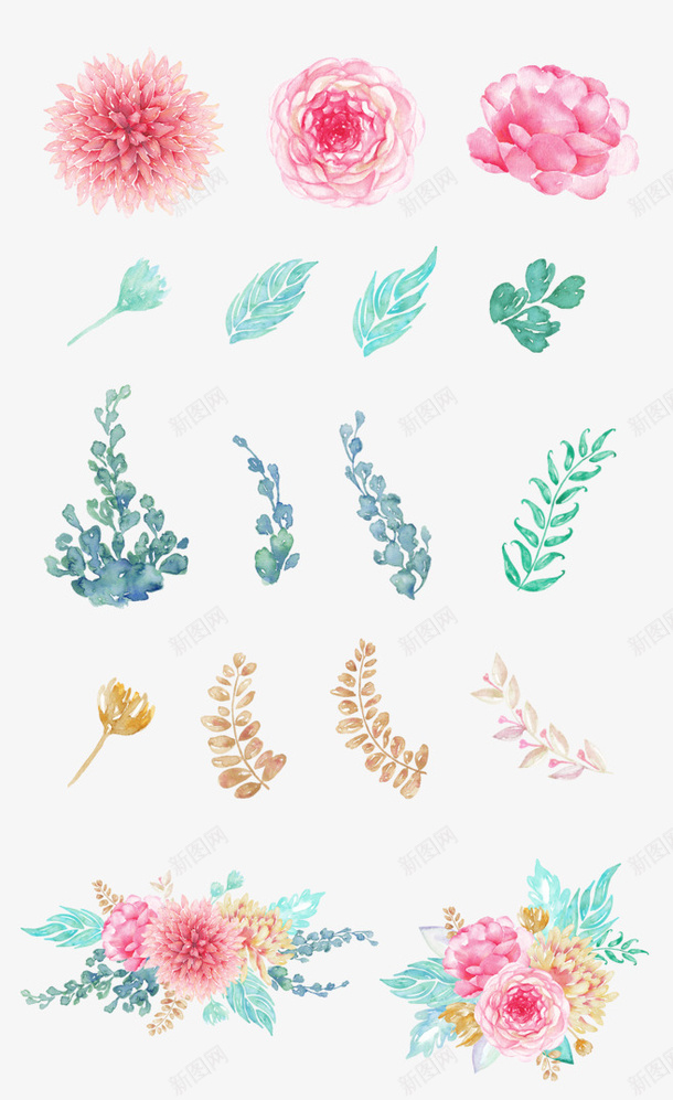 水彩花朵和树叶png免抠素材_新图网 https://ixintu.com 树叶 水彩 花朵 花草