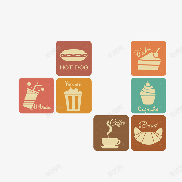 复古西式简餐食品图标矢量图ai_新图网 https://ixintu.com 动漫图标 咖啡 复古 奶昔 热狗 爆米花 矢量图 简餐 纸杯蛋糕 蛋糕 西式 西式简餐 面包 食品 食品图标
