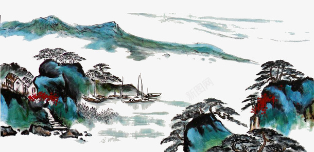 水墨画群山包围的小船psd免抠素材_新图网 https://ixintu.com 中国风 古风船 小船 山水 水墨划船 水墨船 绘画船 远山