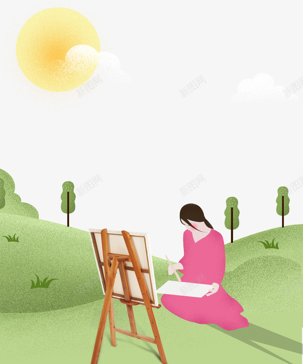 卡通手绘春季草地里画画的女psd免抠素材_新图网 https://ixintu.com 免抠卡通手绘春季草地里画画的女孩免费下载 写生 卡通 手绘 春季草地 树木 画板 绿色的草坪 里画画的女孩