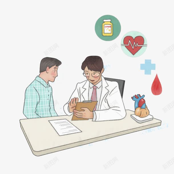 手绘体检的男子png免抠素材_新图网 https://ixintu.com 体检 医生 卡通 多彩 心脏 手绘 男子 药物 血