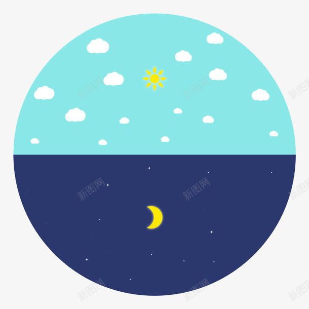白天黑夜背景图案png免抠素材_新图网 https://ixintu.com 卡通 圆形 夜晚 白昼 蓝色 装饰