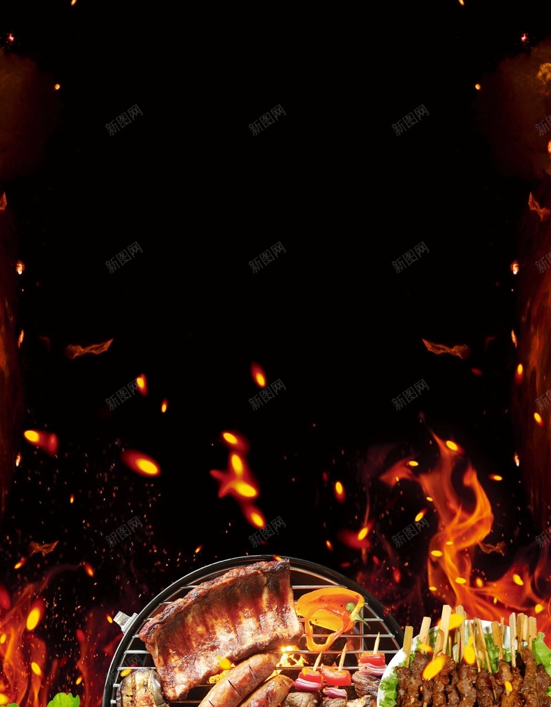 夏日烧烤促销海报psd设计背景_新图网 https://ixintu.com 串串 夜宵 撸串 火 烧烤 美味 美食 餐厅 黑色背景