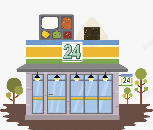 卡通24小时便利店图png免抠素材_新图网 https://ixintu.com 24小时 便利店 卡通 吊灯 大树 盒饭 餐厅插图