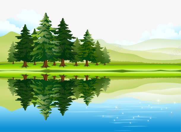 绿色风景画矢量图ai免抠素材_新图网 https://ixintu.com 山水画 手绘 湖面 绿色 风景画 矢量图