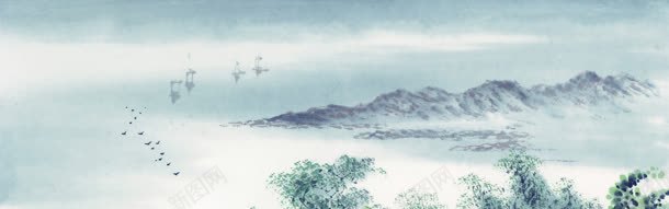 水墨画效果banner背景jpg设计背景_新图网 https://ixintu.com 中国风 大雁 小船 山水 水墨画