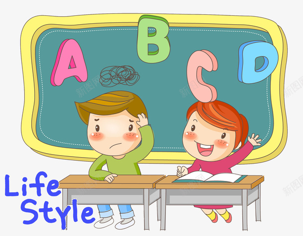 课堂生活png免抠素材_新图网 https://ixintu.com 卡通 字母 学生 疑惑的 课桌 高兴地 黑板