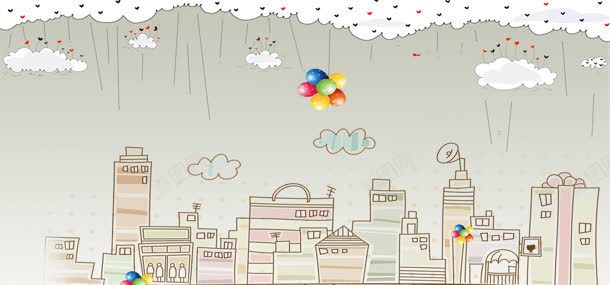 淘宝手绘背景jpg设计背景_新图网 https://ixintu.com 儿童背景 卡通背景 手绘建筑 手绘背景 气球 白云